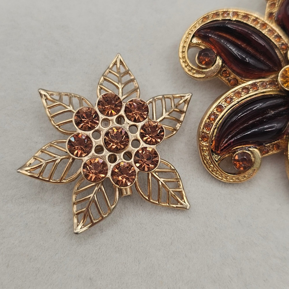 Floral Brooch 2pc Rhinestone Gold Tone Brown Rootbeer Lucite Lot Pins Autumn - Picture 7 of 10